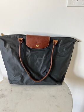 Longchamp Le Pliage Dark Gray Tote with Brown Leather Trim